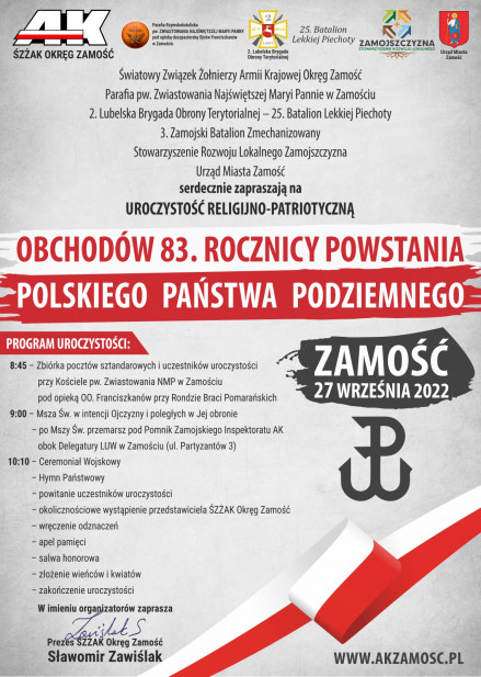 Zaproszenie na uroczystość patriotyczno-religijną z okazji 83. rocznicy Powstania Polskiego Państwa Podziemnego